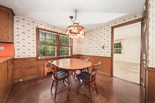 30 Sunset Hill Rd, Simsbury, CT 06070 - dining room featuring wainscoting, wallpapered walls, wood walls, and dark floors