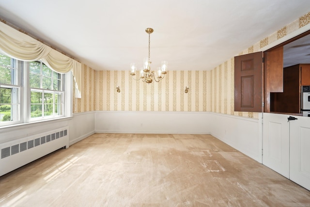 30 Sunset Hill Rd, Simsbury, CT 06070 - unfurnished dining area with wallpapered walls, radiator heating unit, and a chandelier