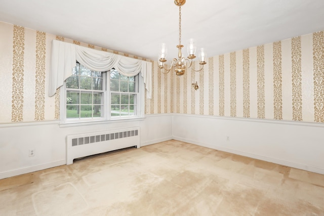 30 Sunset Hill Rd, Simsbury, CT 06070 - unfurnished dining area featuring radiator heating unit, a chandelier, wallpapered walls, and carpet flooring