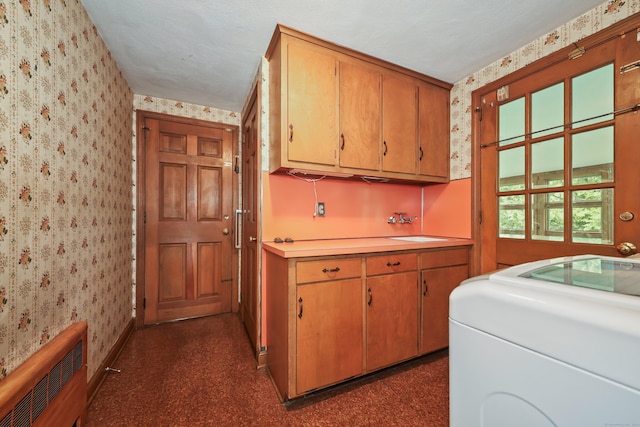 30 Sunset Hill Rd, Simsbury, CT 06070 - laundry area featuring wallpapered walls, cabinet space, washer / dryer, and baseboards
