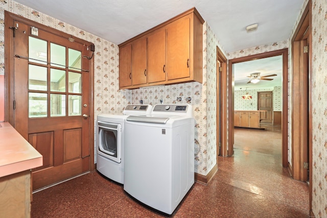 30 Sunset Hill Rd, Simsbury, CT 06070 - clothes washing area with wallpapered walls, cabinet space, washer and clothes dryer, baseboards, and dark flooring