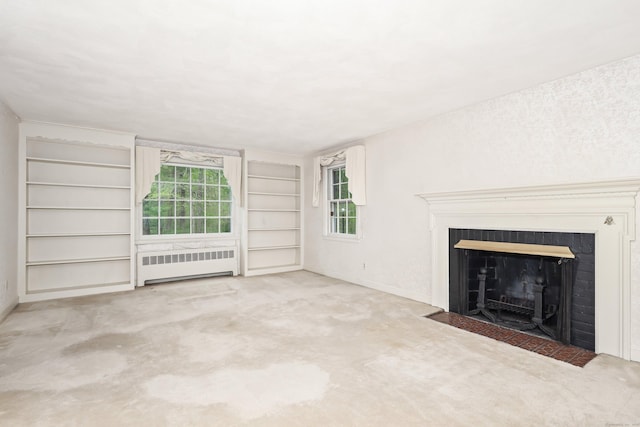 30 Sunset Hill Rd, Simsbury, CT 06070 - unfurnished living room with radiator heating unit, a fireplace with flush hearth, carpet flooring, and baseboards