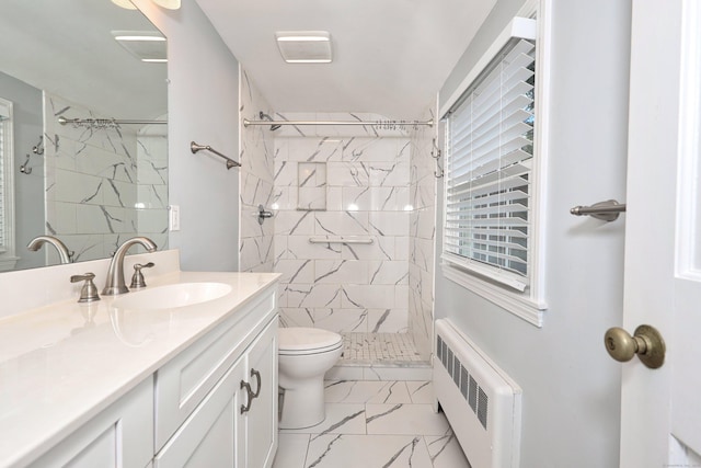 30 Sunset Hill Rd, Simsbury, CT 06070 - full bath with radiator heating unit, marble finish floors, a shower stall, vanity, and toilet