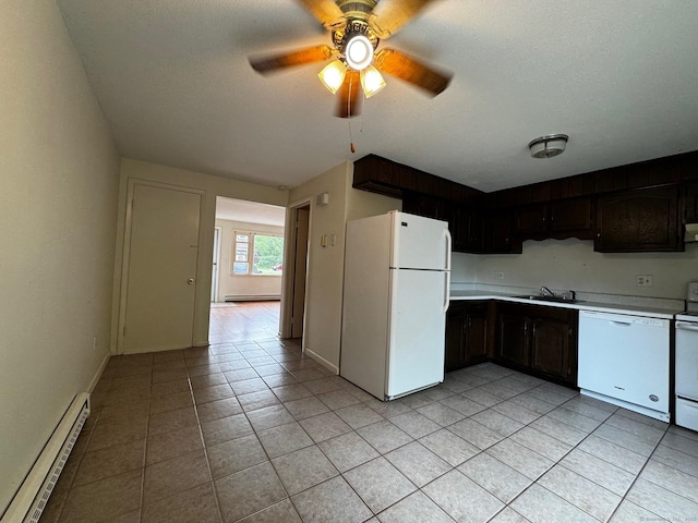 136 Westbury Park Rd Apt C, Watertown, CT 06795 - kitchen featuring white appliances, a baseboard heating unit, a sink, light tile patterned flooring, and a ceiling fan
