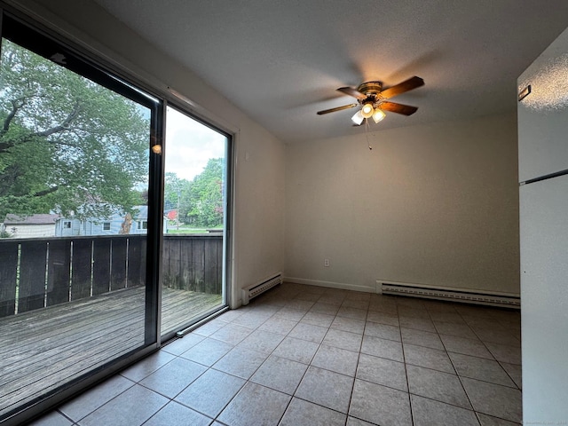 136 Westbury Park Rd Apt C, Watertown, CT 06795 - empty room with a baseboard heating unit, a ceiling fan, light tile patterned floors, baseboards, and baseboard heating