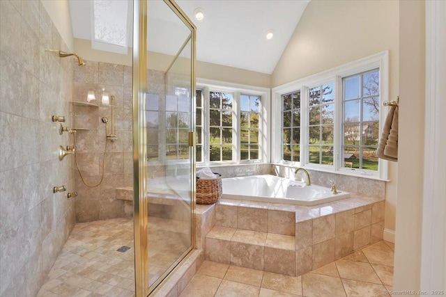 496 Foote Rd, Glastonbury, CT 06073 - full bathroom featuring tile patterned floors, a bath, a stall shower, and lofted ceiling