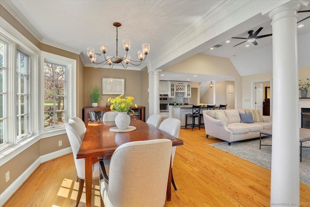 496 Foote Rd, Glastonbury, CT 06073 - dining room with light wood-style floors, decorative columns, crown molding, visible vents, and baseboards