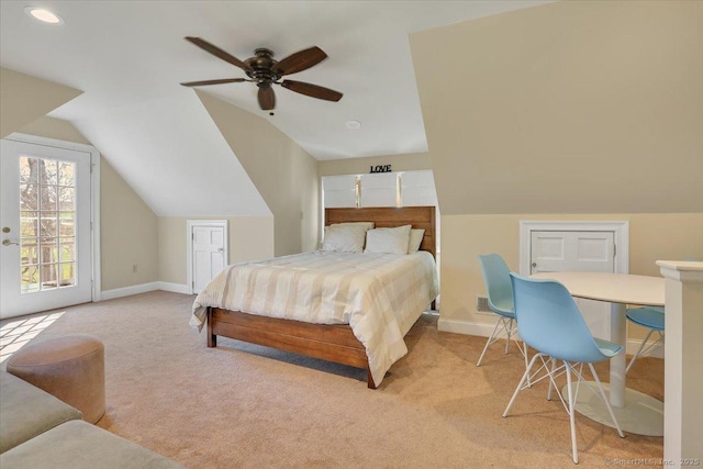 496 Foote Rd, Glastonbury, CT 06073 - carpeted bedroom with recessed lighting, access to outside, vaulted ceiling, baseboards, and a ceiling fan