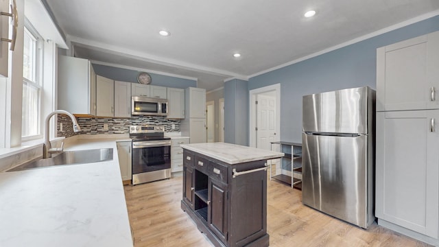 40 Penobscot St, Norwich, CT 06360 - kitchen featuring a sink, appliances with stainless steel finishes, decorative backsplash, and light wood-style floors