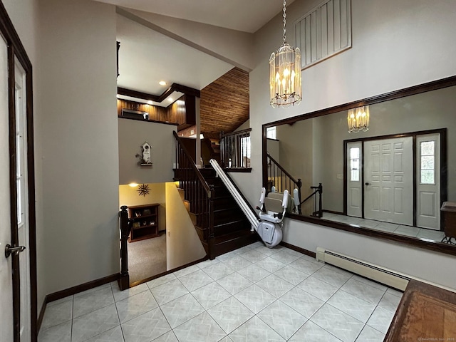 tiled entrance foyer featuring an inviting chandelier, stairs, baseboards, baseboard heating, and recessed lighting
