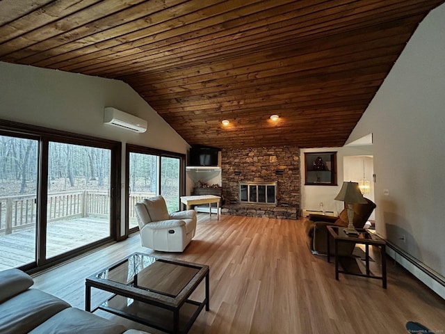living area with vaulted ceiling, a wall mounted air conditioner, wood finished floors, wooden ceiling, and a baseboard radiator