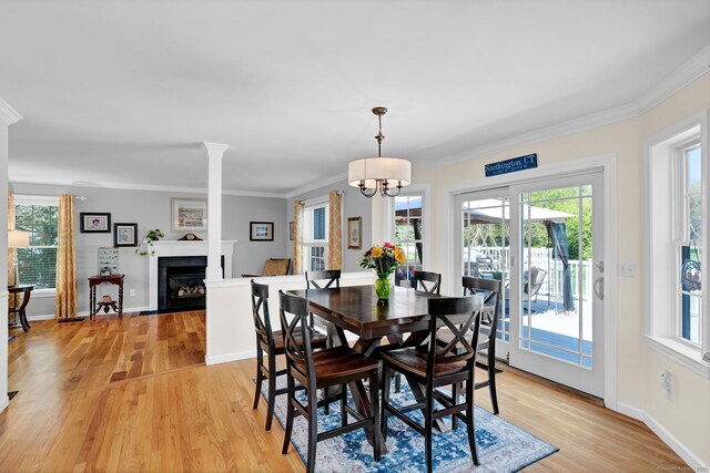dining room featuring light wood-style floors, a fireplace, and a wealth of natural light