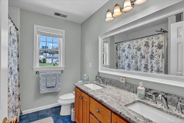 full bath with visible vents, a sink, tile patterned flooring, and toilet