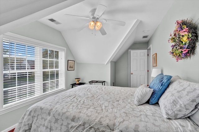 bedroom featuring visible vents, ceiling fan, and vaulted ceiling