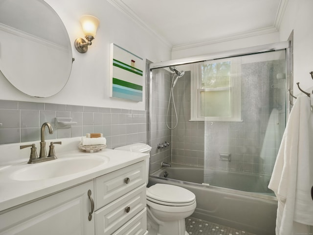 full bathroom featuring tile patterned flooring, vanity, bath / shower combo with glass door, toilet, and ornamental molding