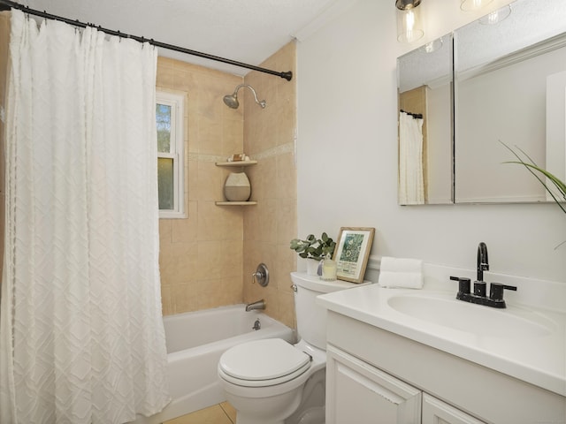 full bathroom featuring vanity, a textured ceiling, toilet, and shower / tub combo