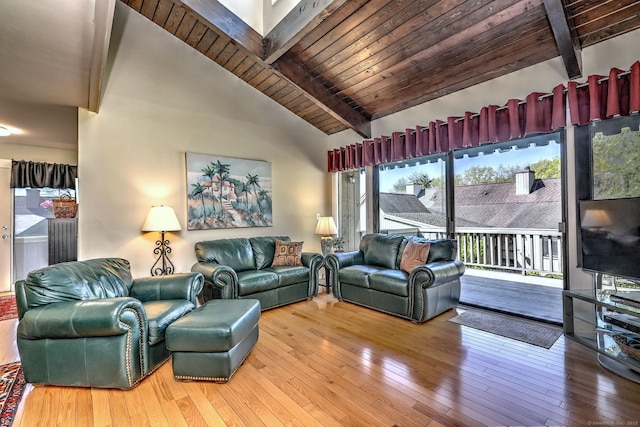living room with wooden ceiling, vaulted ceiling with beams, and wood-type flooring