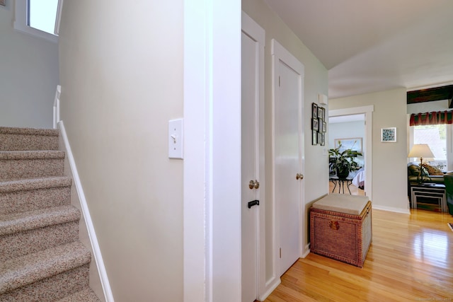 stairway featuring wood finished floors