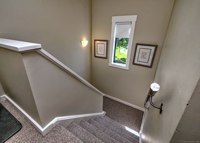 stairway featuring baseboards and carpet