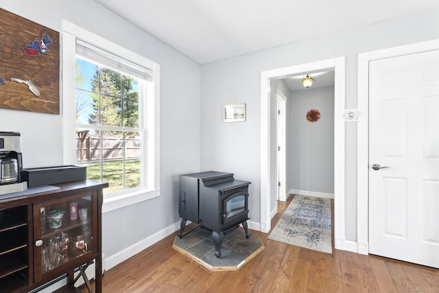 doorway featuring baseboards, plenty of natural light, wood finished floors, and a wood stove