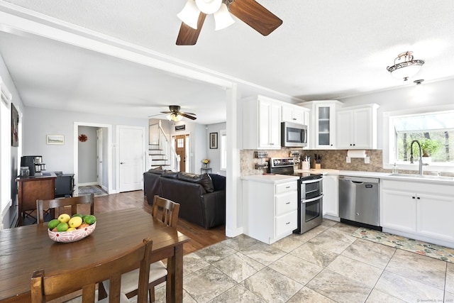 kitchen with a sink, appliances with stainless steel finishes, a ceiling fan, and light countertops