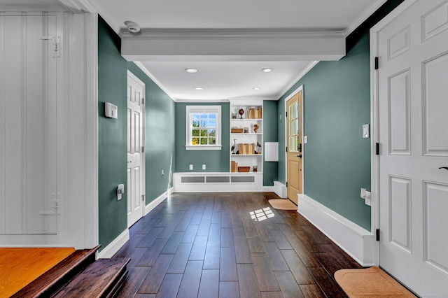 mudroom with crown molding, baseboards, dark wood finished floors, and recessed lighting
