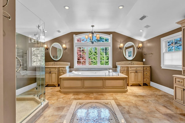 full bath with a chandelier, vaulted ceiling, vanity, a garden tub, and a stall shower