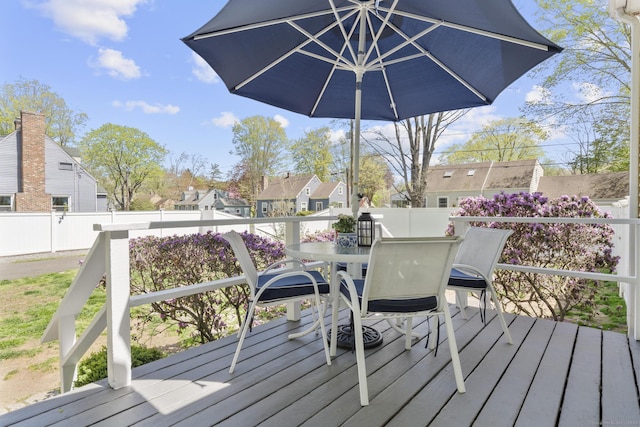 wooden terrace with a fenced backyard, outdoor dining area, and a residential view