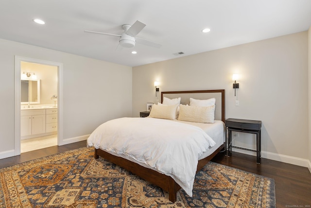 bedroom featuring baseboards, recessed lighting, wood finished floors, and visible vents