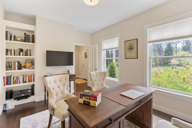 home office with a healthy amount of sunlight, baseboards, and dark wood finished floors