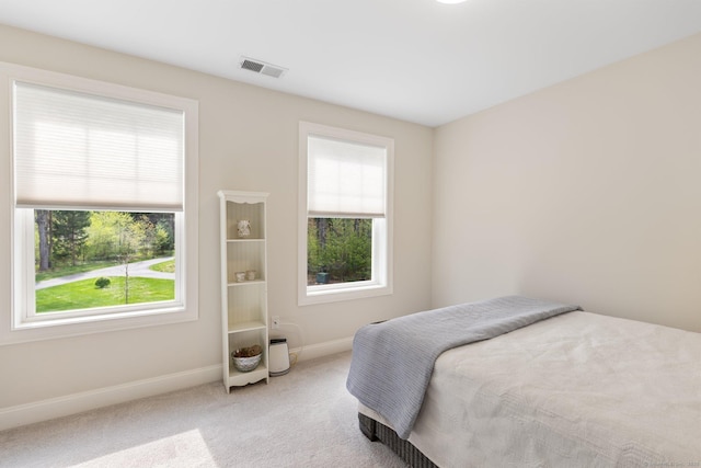 bedroom featuring carpet flooring, baseboards, visible vents, and multiple windows