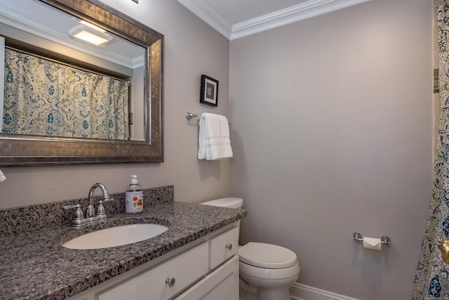 full bath featuring ornamental molding, toilet, and vanity