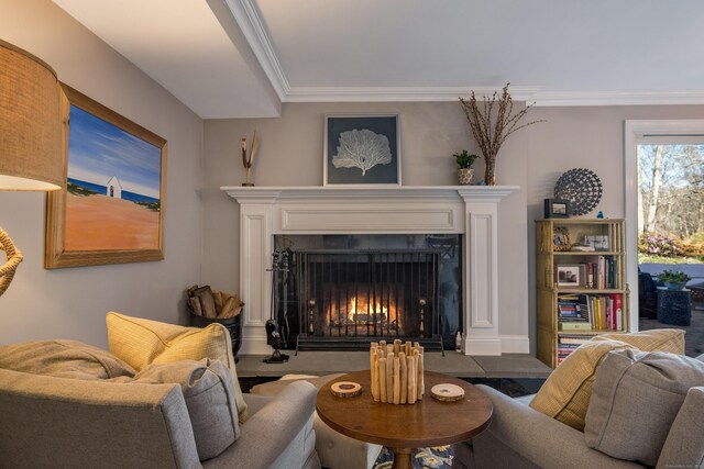 living area with crown molding and a fireplace