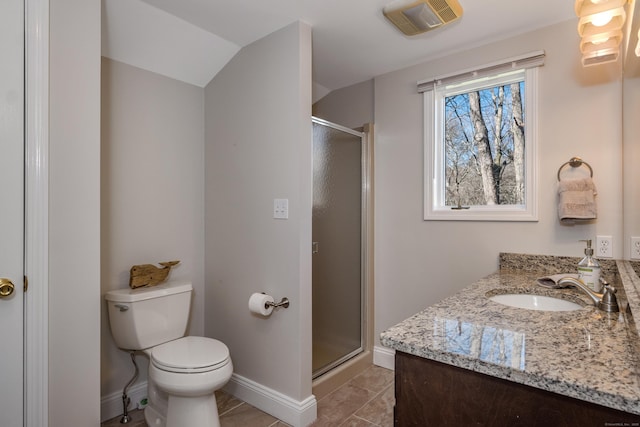 bathroom featuring toilet, visible vents, a shower stall, and baseboards