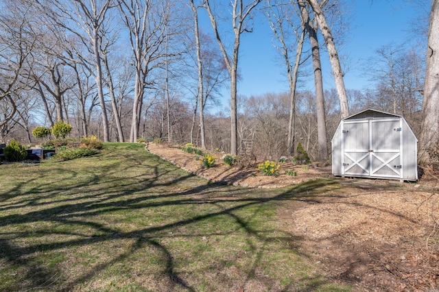 view of yard with an outdoor structure and a storage shed