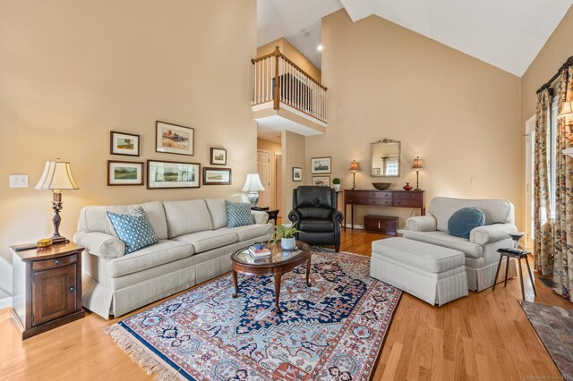 living room featuring high vaulted ceiling and wood finished floors