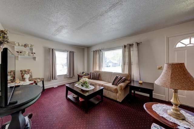 living room featuring baseboards, carpet flooring, and a textured ceiling