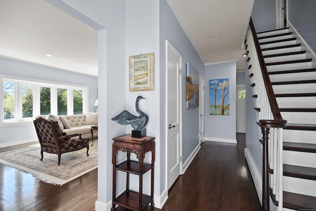 187 Sport Hill Rd, Easton, CT 06612 - corridor with crown molding, baseboards, wood finished floors, and stairway