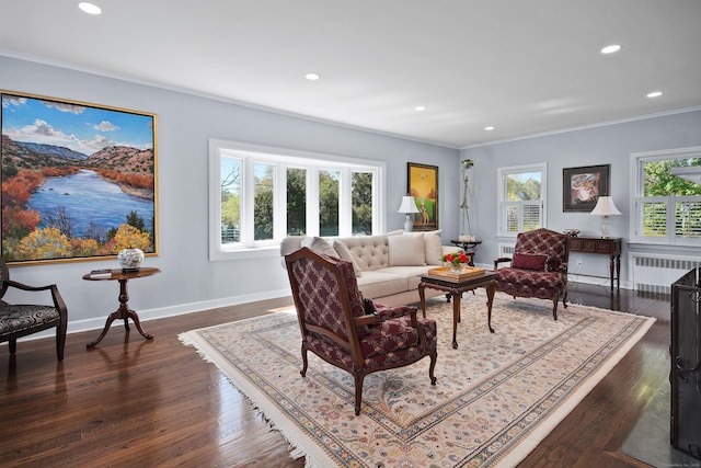 187 Sport Hill Rd, Easton, CT 06612 - living room featuring recessed lighting, ornamental molding, and radiator