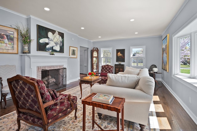 187 Sport Hill Rd, Easton, CT 06612 - living room with recessed lighting, ornamental molding, wood finished floors, and a fireplace