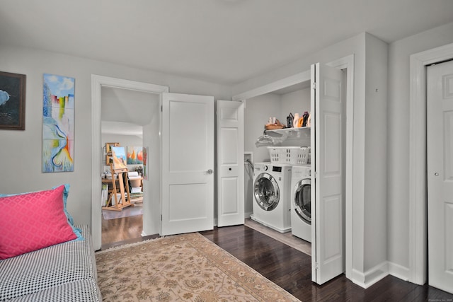 187 Sport Hill Rd, Easton, CT 06612 - laundry room featuring baseboards, laundry area, dark wood-style floors, and washing machine and clothes dryer