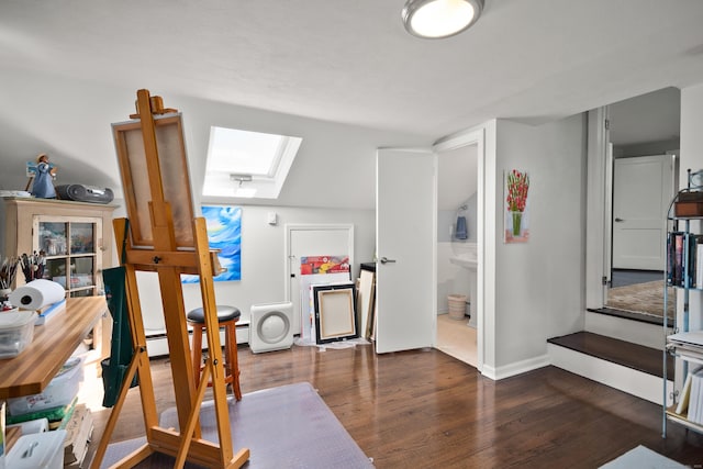 187 Sport Hill Rd, Easton, CT 06612 - interior space featuring baseboards, a baseboard radiator, wood finished floors, and a skylight