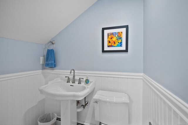 187 Sport Hill Rd, Easton, CT 06612 - half bathroom featuring toilet, wainscoting, and lofted ceiling
