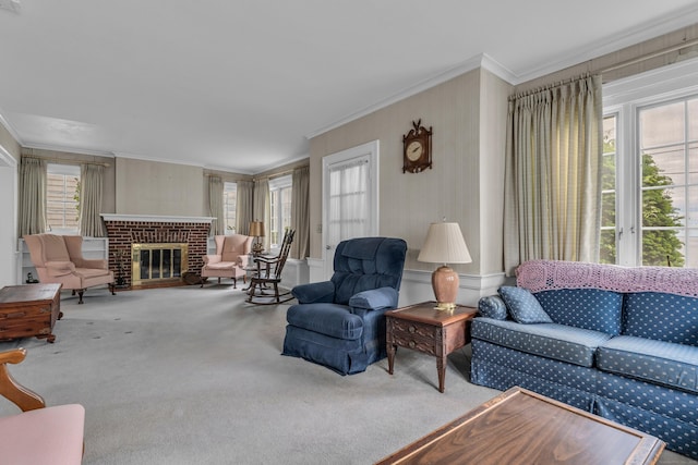 706 Ocean Ave, West Haven, CT 06516 - carpeted living room featuring crown molding, plenty of natural light, and a brick fireplace