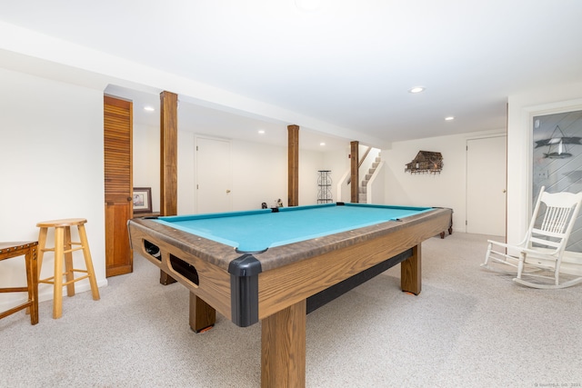 playroom featuring recessed lighting, pool table, and light carpet
