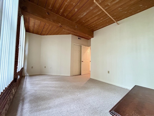 unfurnished living room featuring wooden ceiling, visible vents, baseboards, and carpet floors