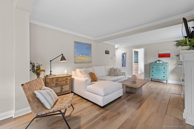 living area featuring crown molding, baseboards, and light wood-style flooring