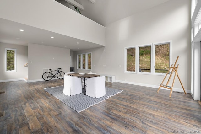 kitchen with wood finished floors, baseboards, open floor plan, a high ceiling, and recessed lighting