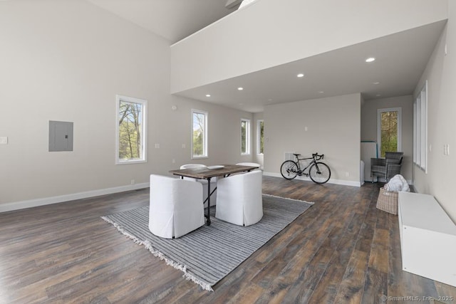 dining room featuring baseboards, recessed lighting, dark wood finished floors, and electric panel