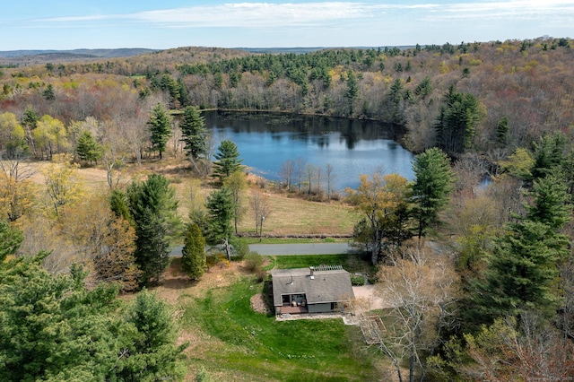 birds eye view of property featuring a water view and a forest view